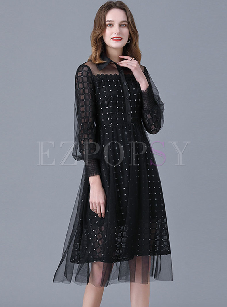 Black Turn-down Collar Lace Sequin Plus Size Dress