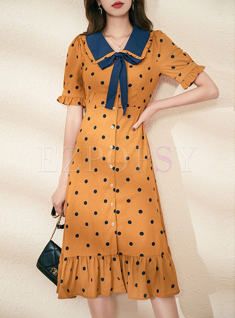 Cute Polka Dot Ruffle A Line Midi Dress