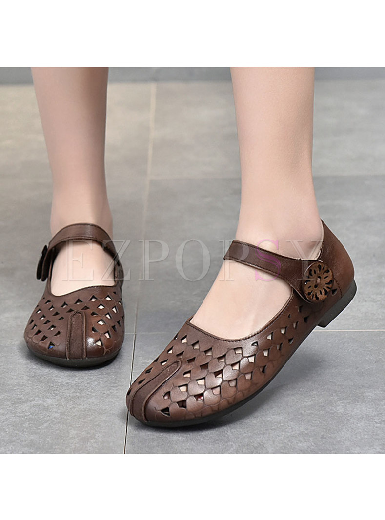 Rounded Toe Flat Velcro Openwork Loafers