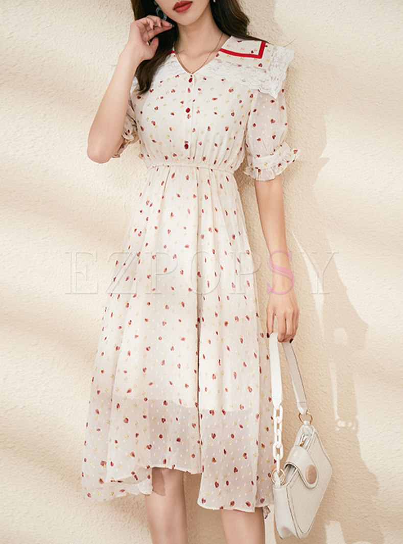 Cute V-neck Print A Line Blouson Dress
