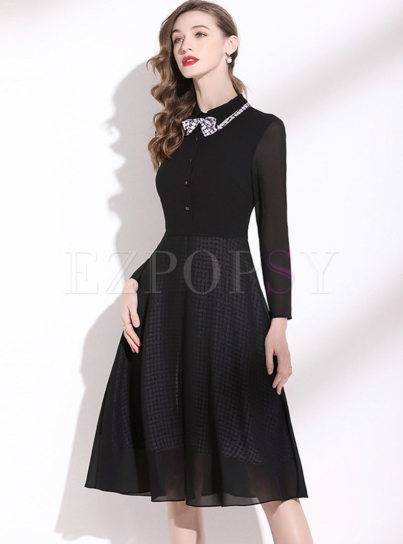 Black Bowknot Ribbon Plaid Patchwork Dress