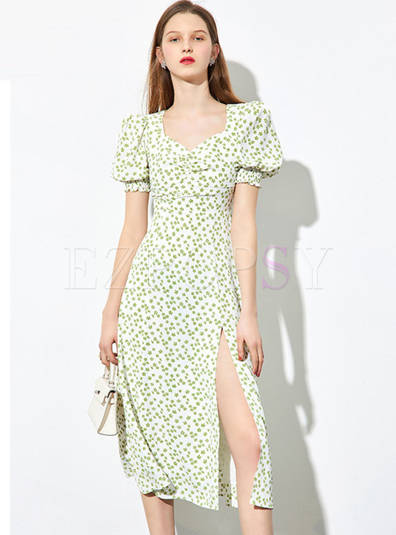 Cute Puff Sleeve Print Split Midi Dress