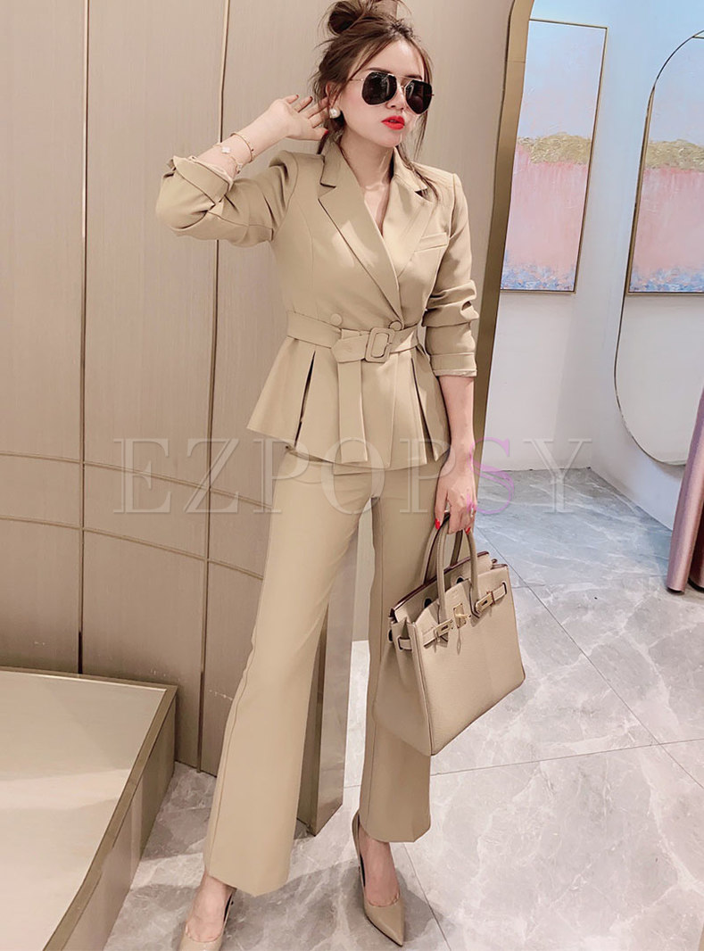 Notched Long Sleeve High Waisted Dress Pant Suits
