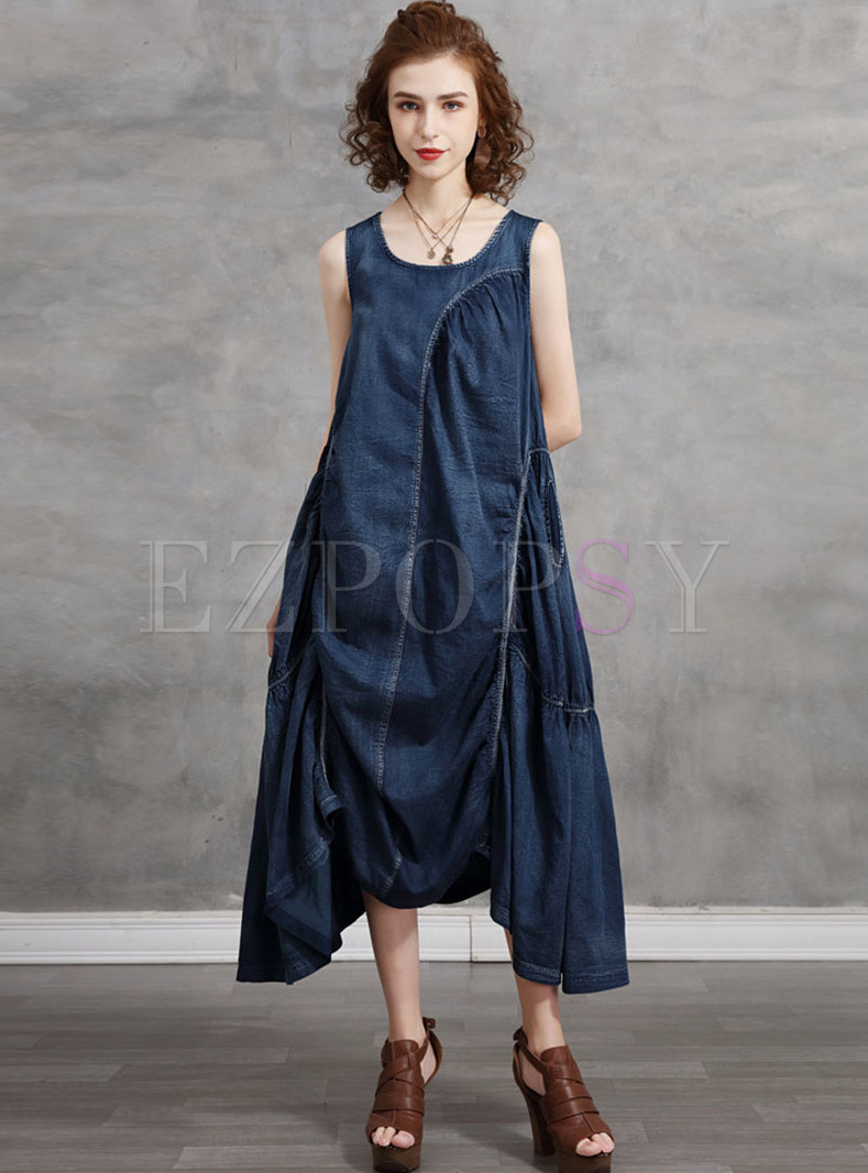 Dresses | Shift Dresses | Plus Size Sleeveless Ruched Denim Shift Dress