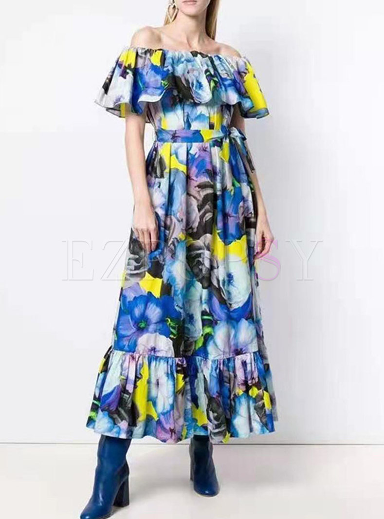 Boho Off-the-shoulder Ruffle Print Maxi Dress