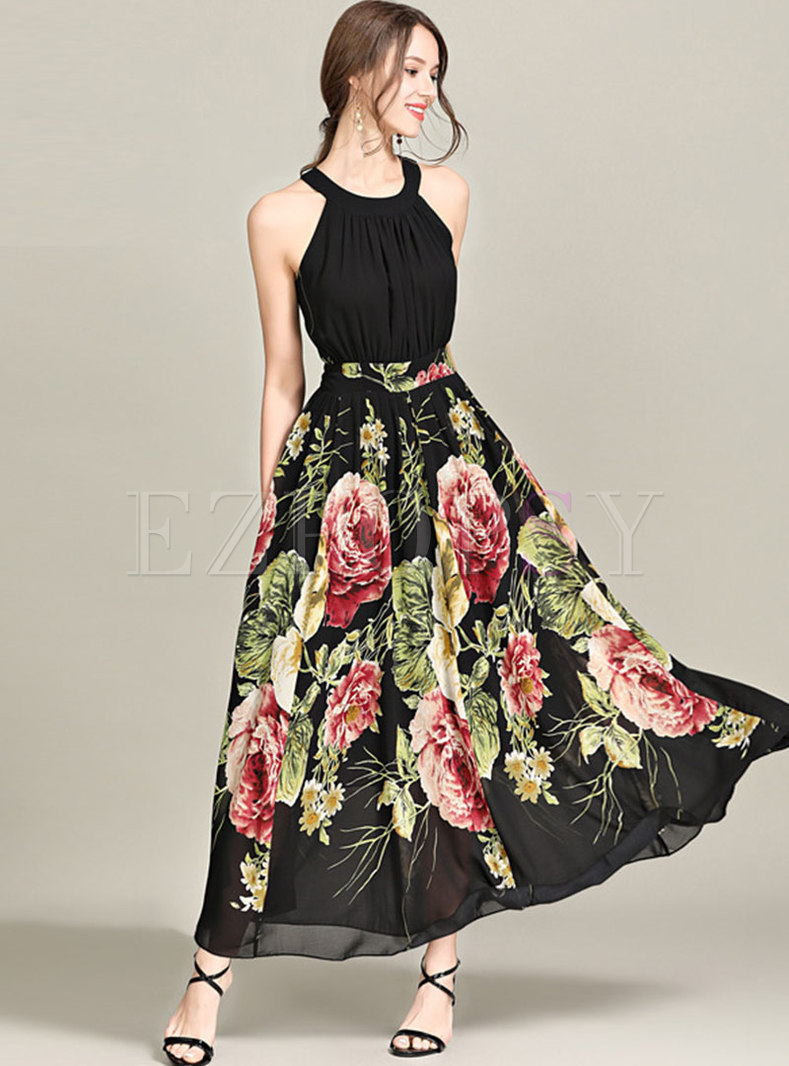 Dresses  Maxi Dresses  Black Sleeveless Print Beach Maxi Dress