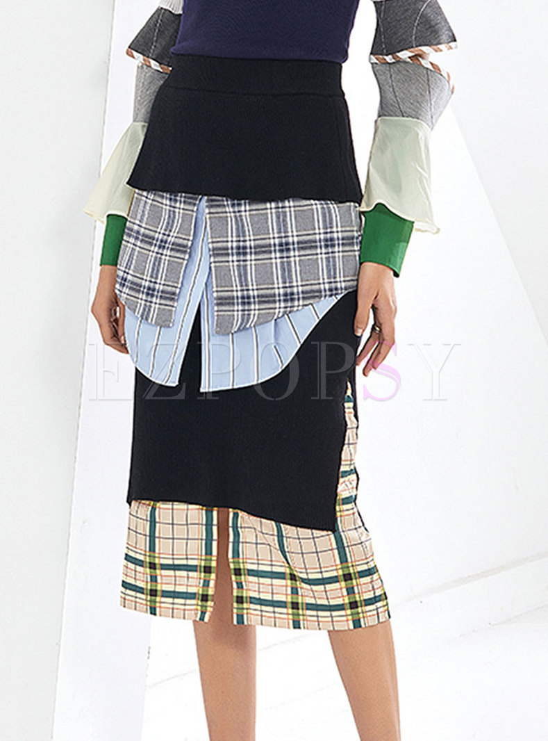 High Waisted Plaid Patchwork Split Midi Skirt