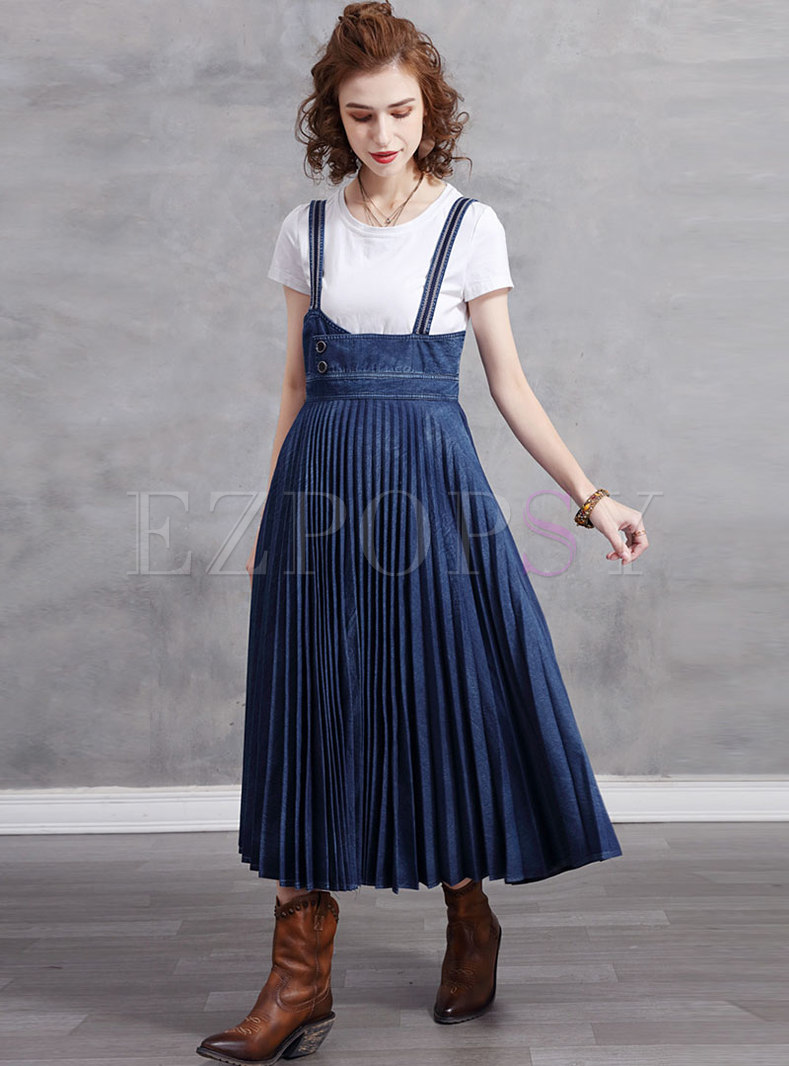 Blue High Waisted A Line Pleated Maxi Skirt
