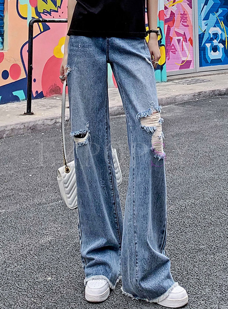 Pants | Pants | High Waisted Rough Selvedge Wide Leg Ripped Jeans