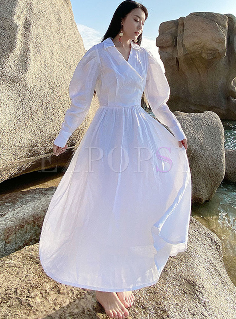 White V-neck Big Hem Linen Maxi Dress