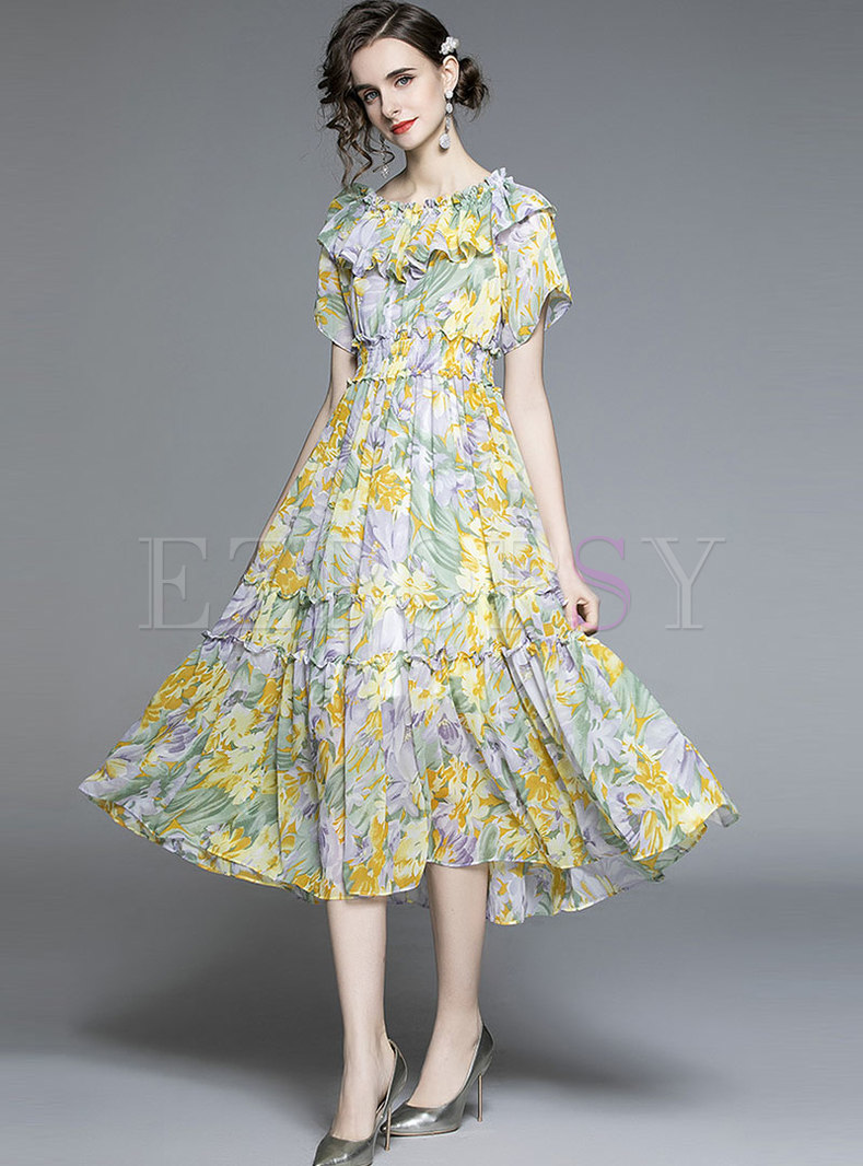 Dresses | Skater Dresses | Boho Off-the-shoulder Ruffle Print Midi Dress