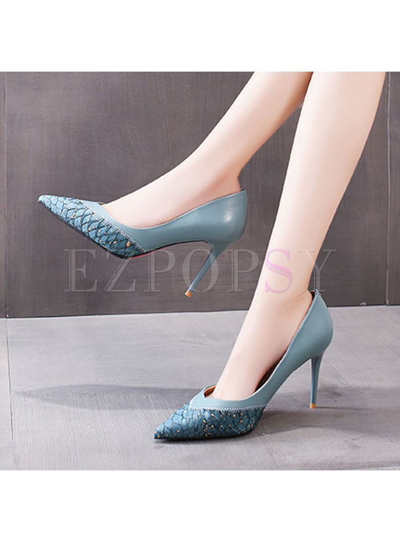 Pointed Toe Patchwork Fish Skin High Heels