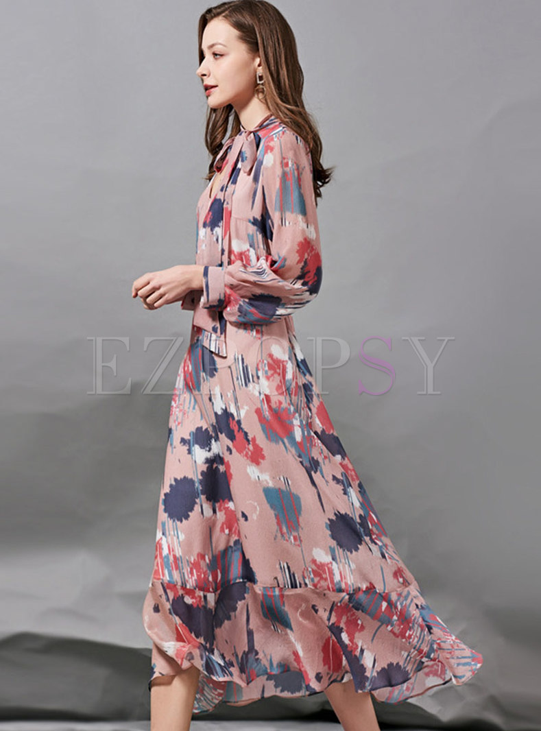 Dresses | Maxi Dresses | Pink V-neck Long Sleeve Print Silk Maxi Dress