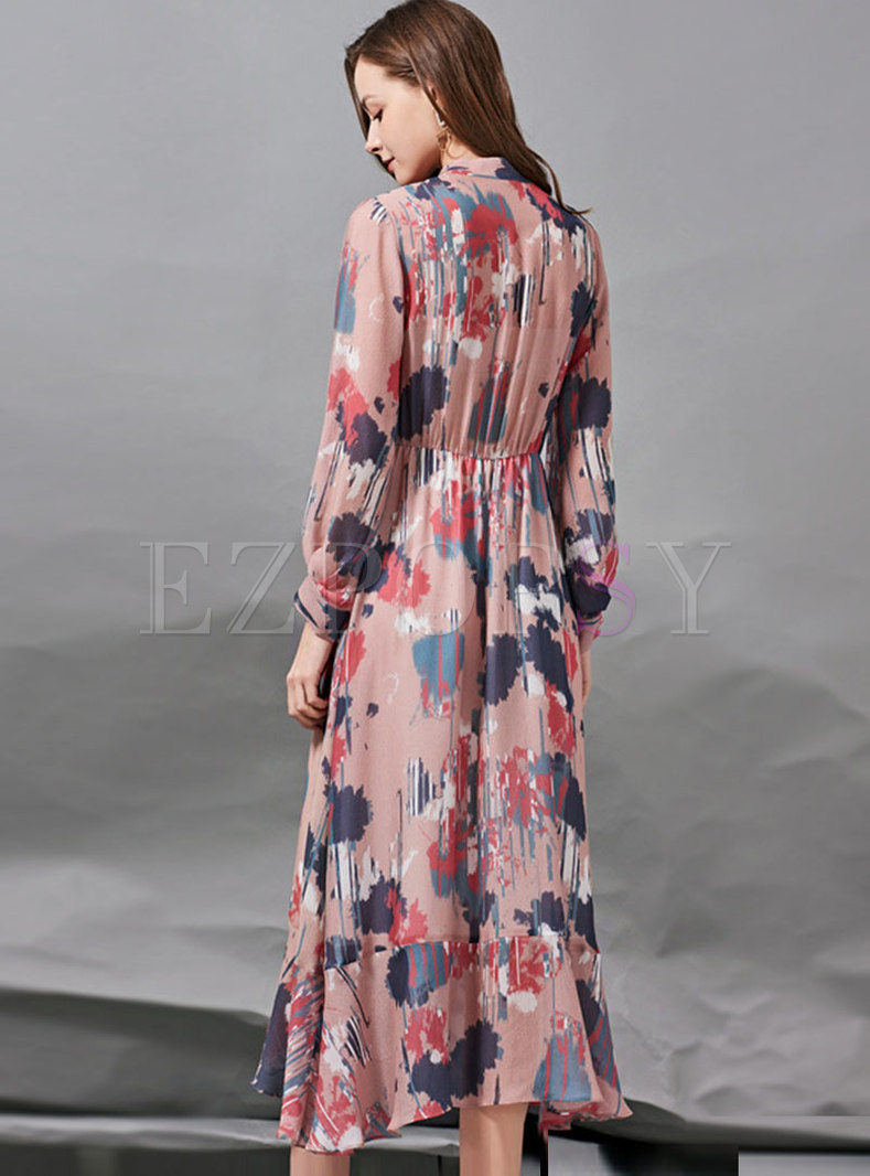 Dresses | Maxi Dresses | Pink V-neck Long Sleeve Print Silk Maxi Dress