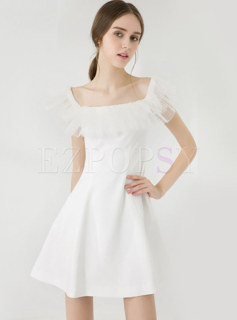 White Off-the-shoulder Mesh Patchwork Cocktail Dress