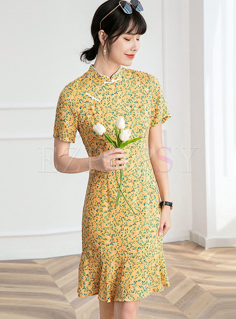 Mandarin Collar Floral Ruffle Improved Cheongsam Dress