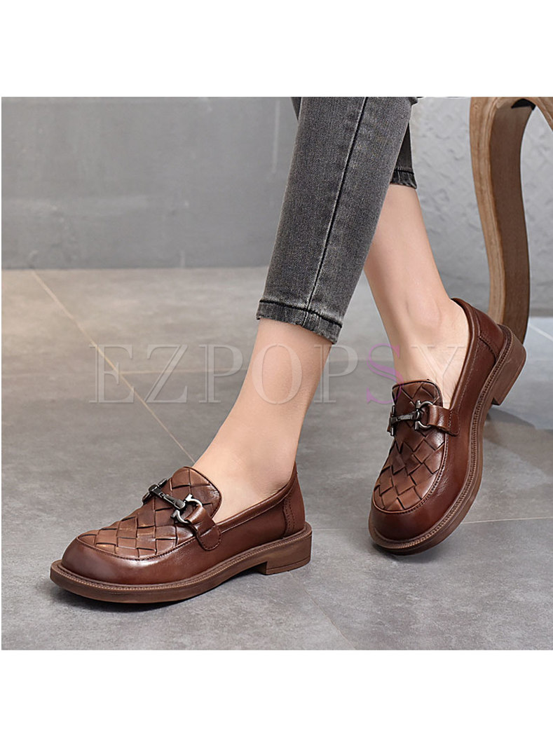 Rounded Toe Woven Flat Loafers
