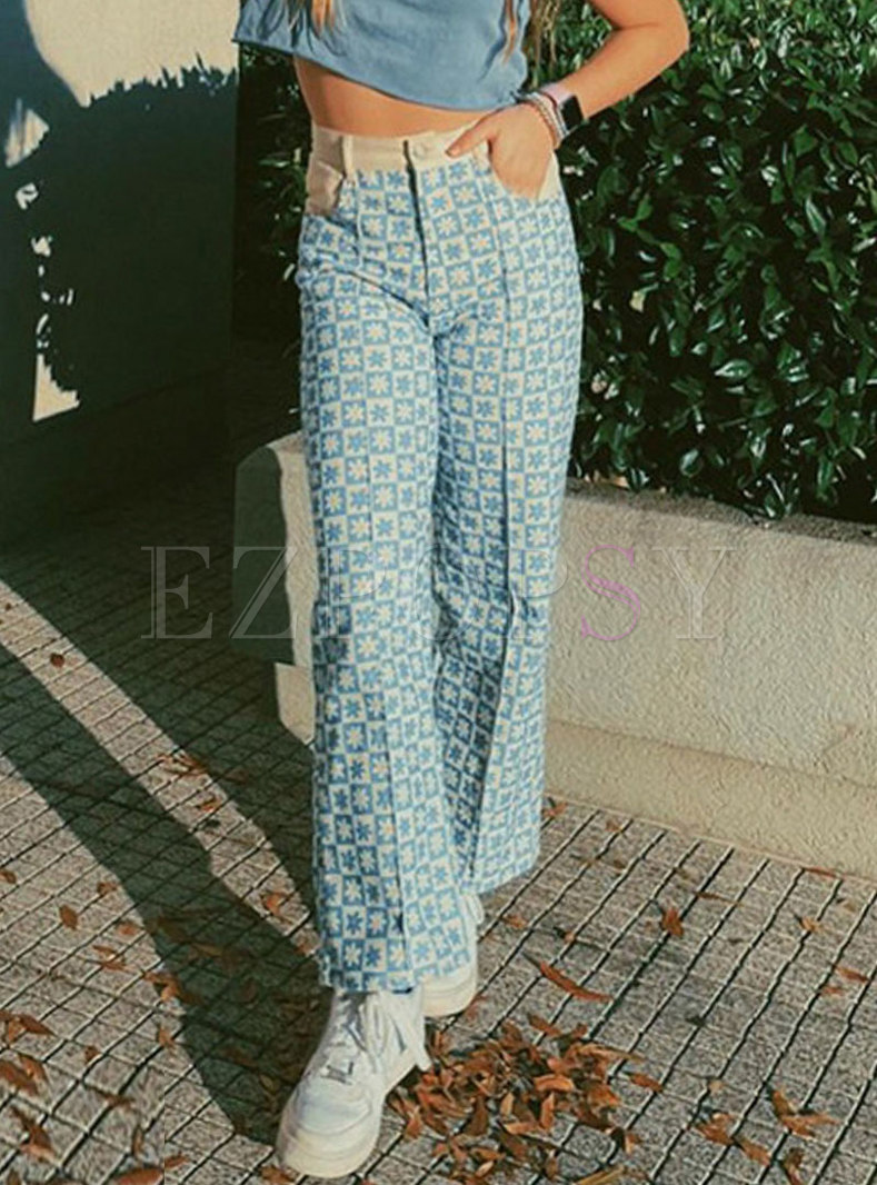 Color-blocked Print Patchwork Straight Pants