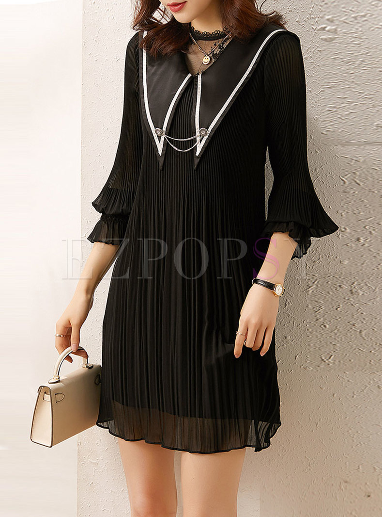 Long Sleeve Pleated Shift Little Black Dress
