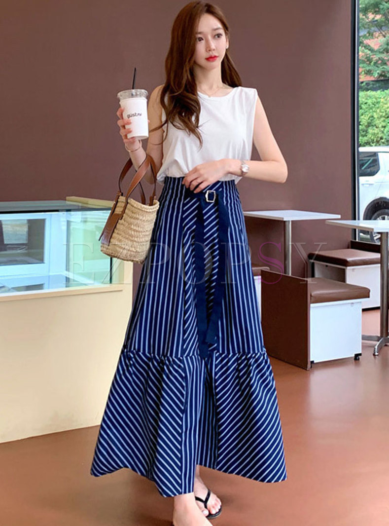 Crew Neck Sleeveless Striped A Line Maxi Skirt Suits