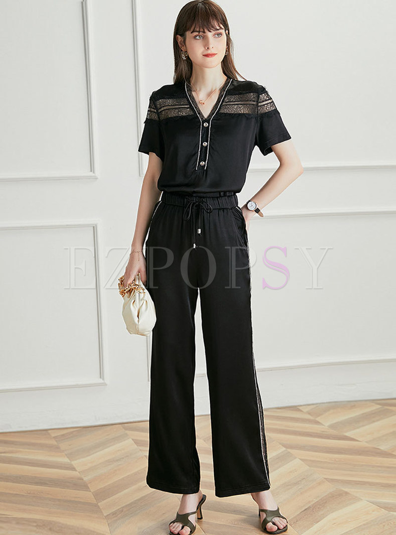 V-neck Lace Openwork Patchwork Satin Pant Suits