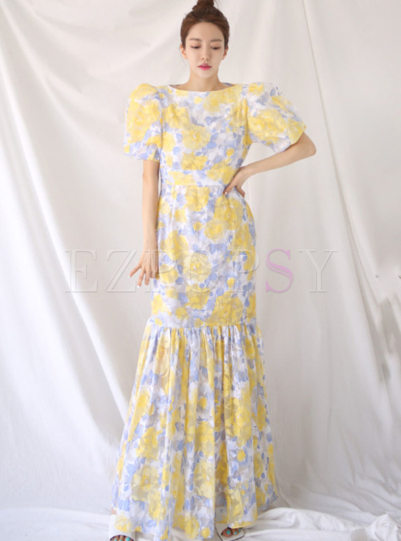 Yellow Print Lantern Sleeve Peplum Maxi Dress