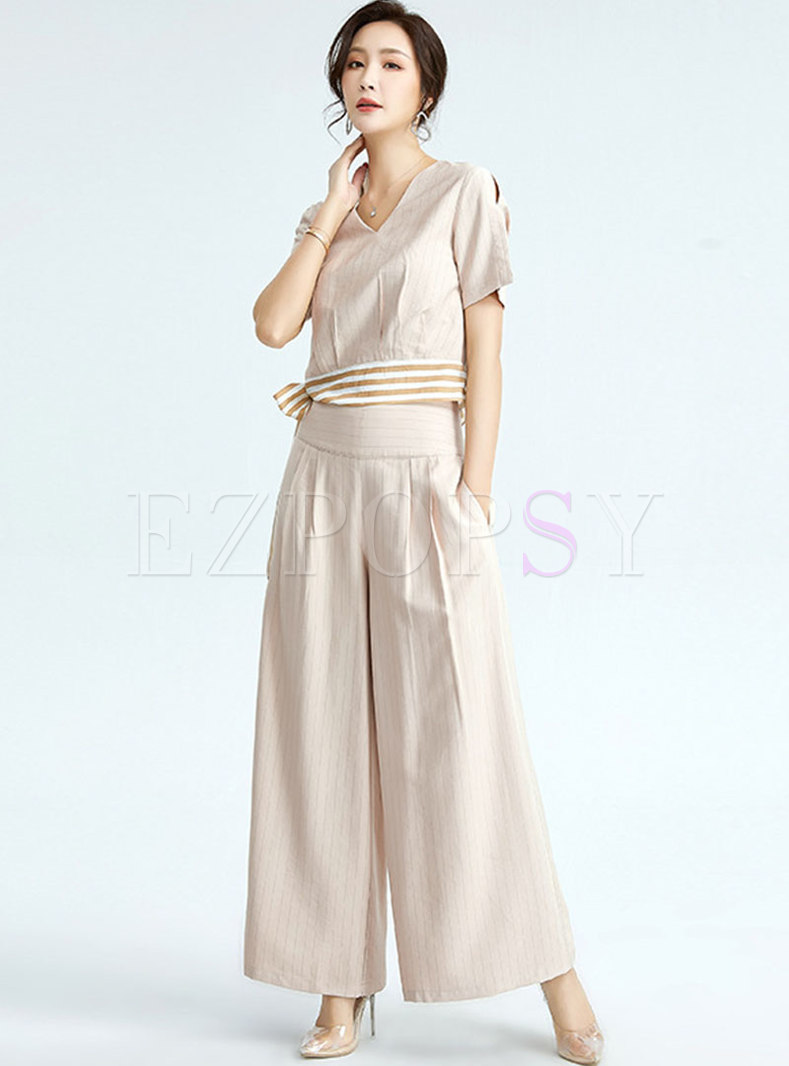 Casual V-neck Striped Ribbon Wide Leg Pant Suits