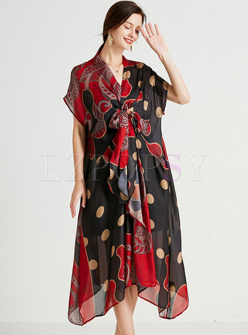 Plus Size Print Color-blocked Chiffon Dress