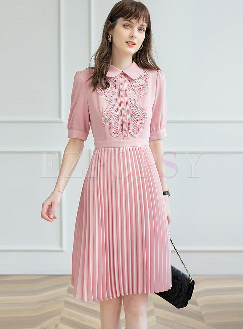Lapel Embroidered A Line Pleated Dress