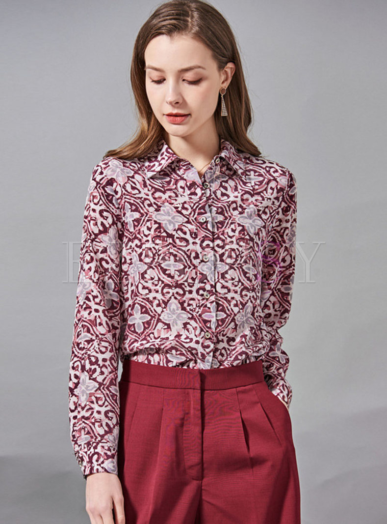 Turn-down Collar Print Single-breasted Blouse