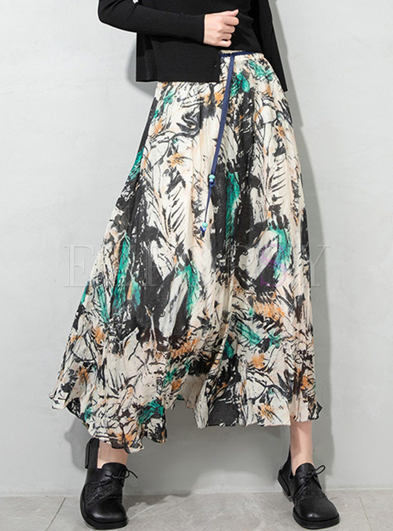 High Waisted Print Chiffon Maxi Skirt
