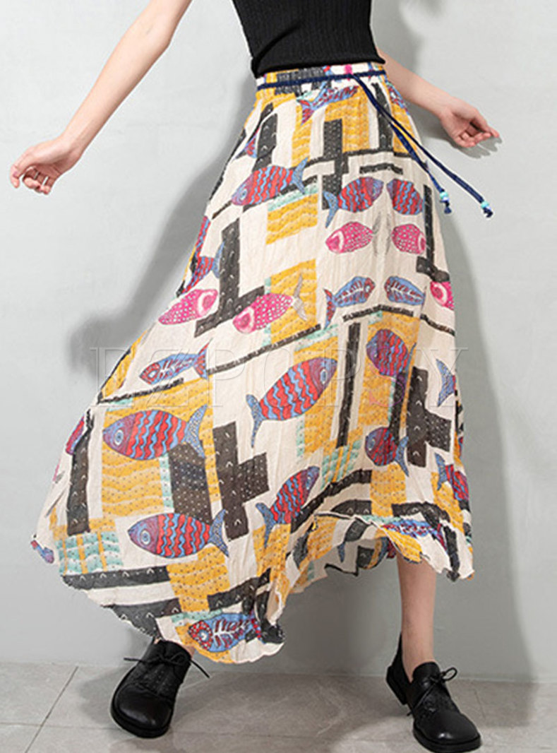 High Waisted Cartoon Print Chiffon Pleated Maxi Dress