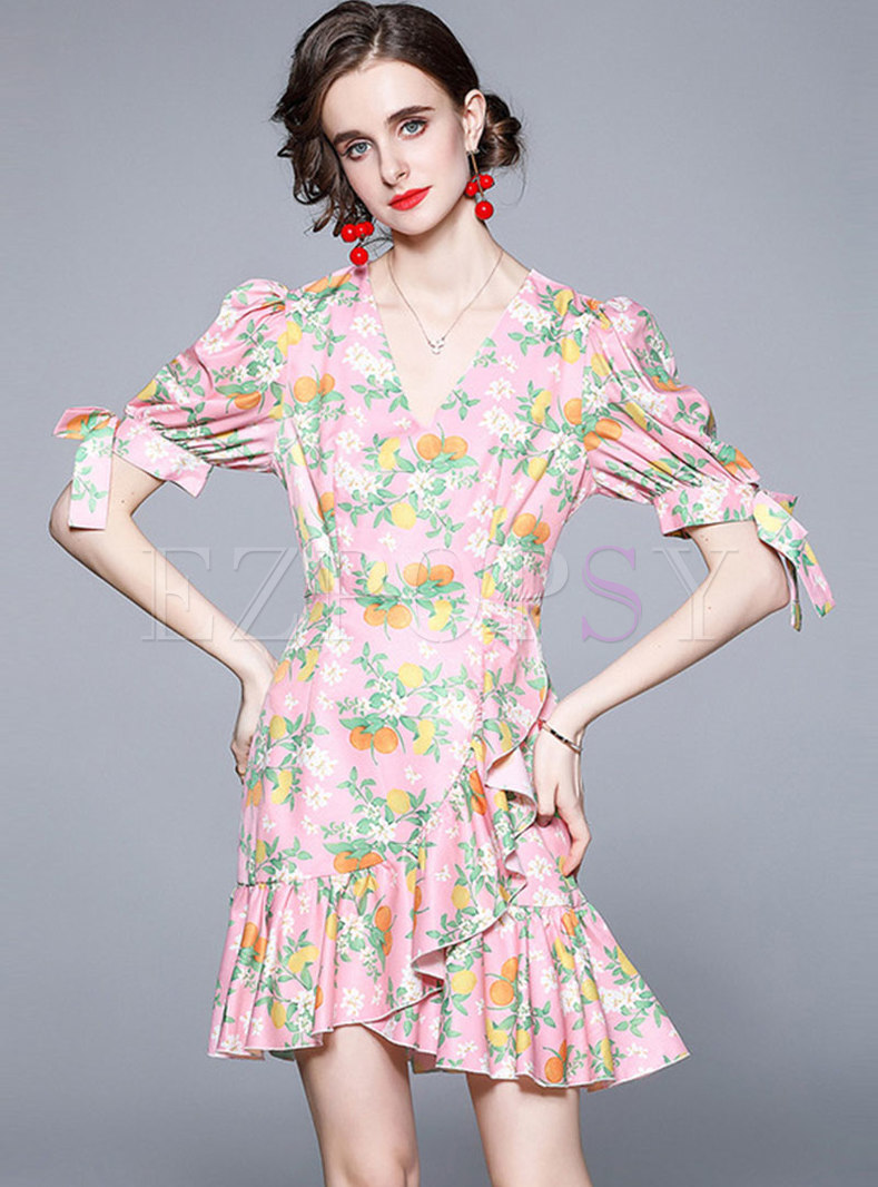 Dresses | Skater Dresses | Pink V-neck Puff Sleeve Ruffle A Line Dress