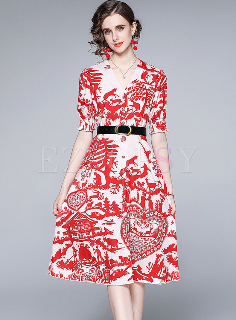 Red Print A Line Belted Big Hem Midi Dress