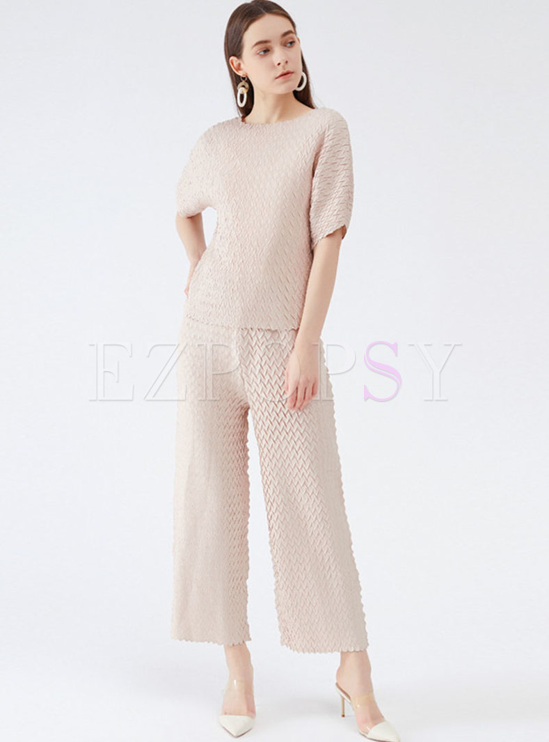 Casual Crew Neck Short Sleeve Pleated Pant Suits