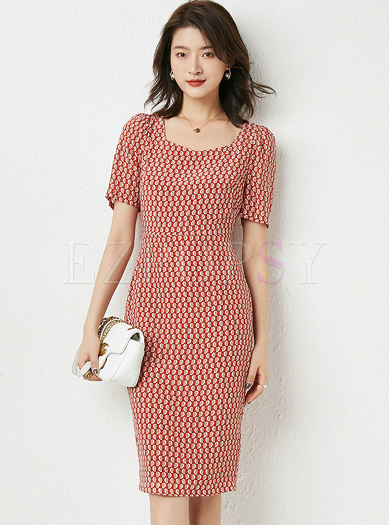 Red Short Sleeve Print Silk Bodycon Dress