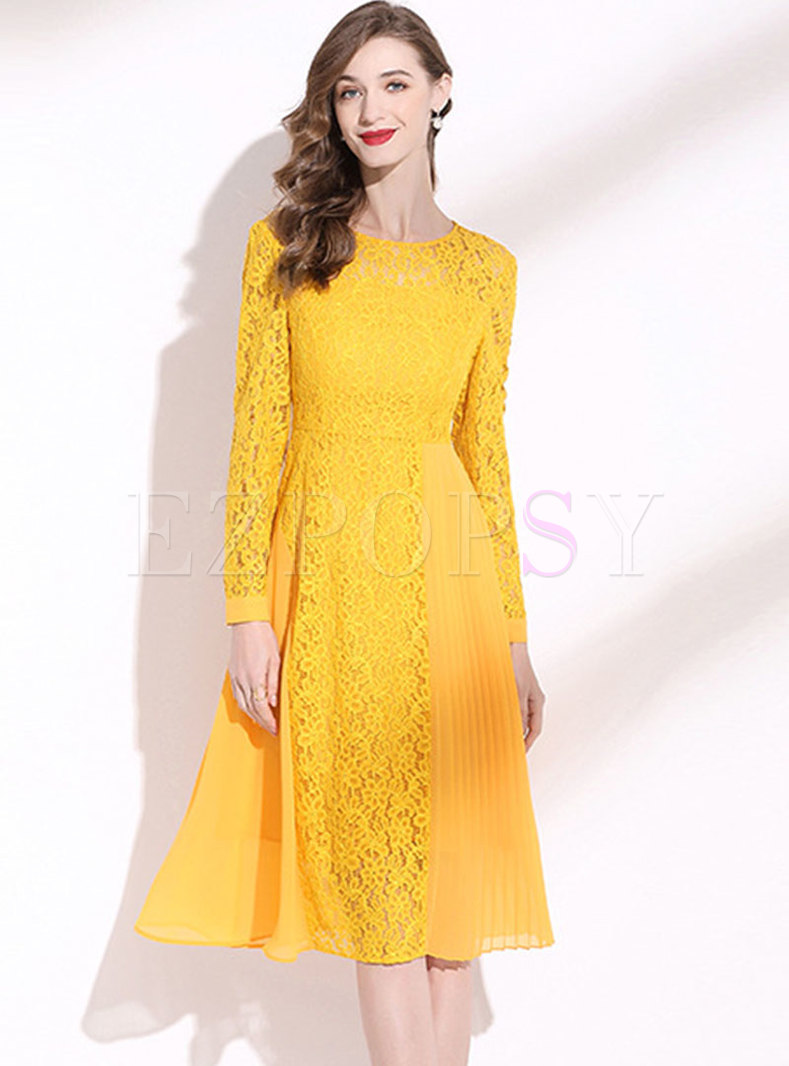 Dresses | Skater Dresses | Yellow Long Sleeve Lace Pleated A Line Dress