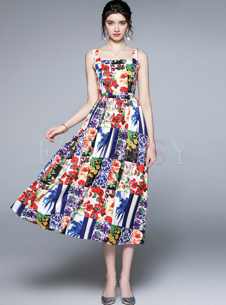 Dresses | Maxi Dresses | Square Neck Print High Waisted Maxi Sundress