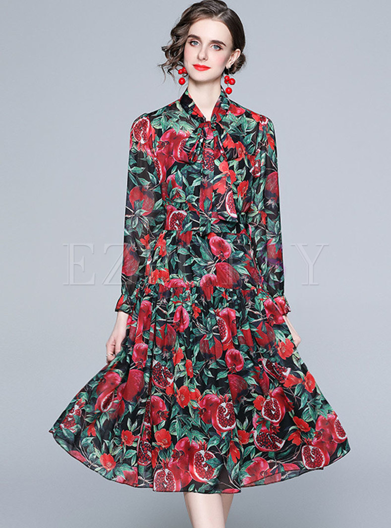 Dresses Skater Dresses Bowknot Mock Neck Print Chiffon A Line Dress 9622