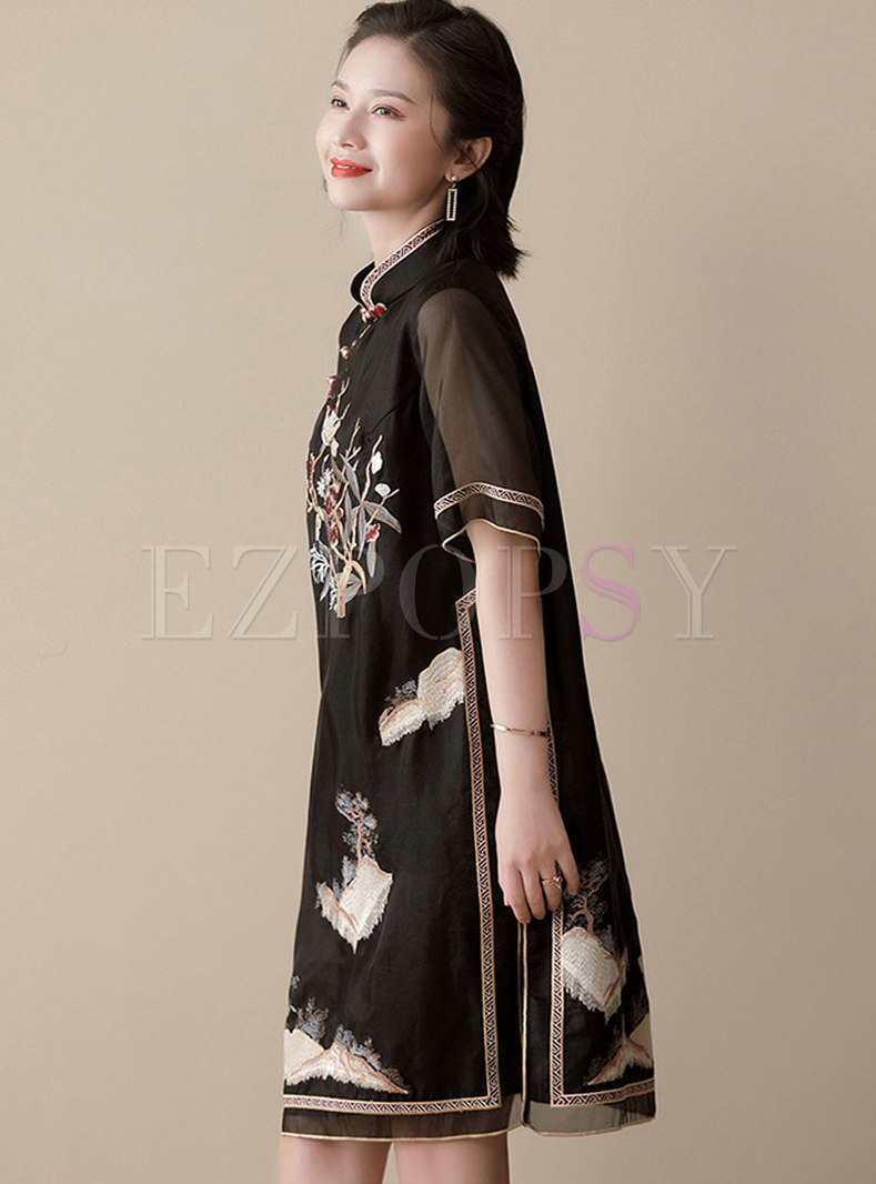 Dresses | Shift Dresses | Retro Mandarin Collar Embroidered Shift Dress