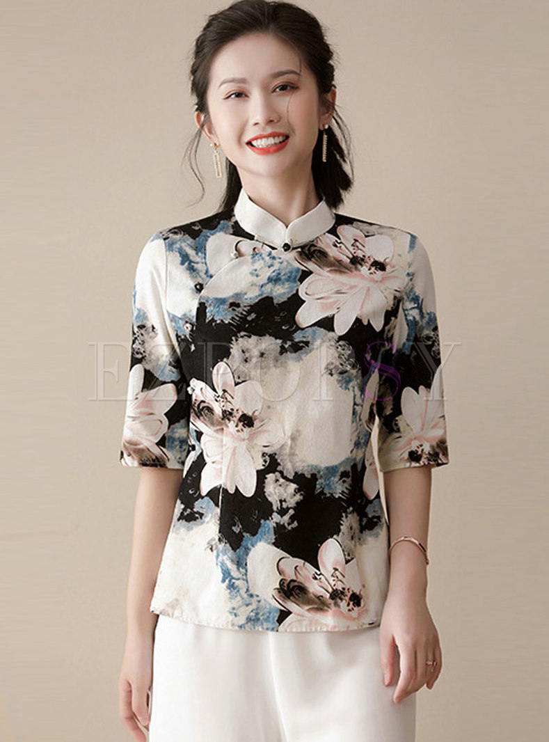 Mandarin Collar Half Sleeve Print Linen Blouse