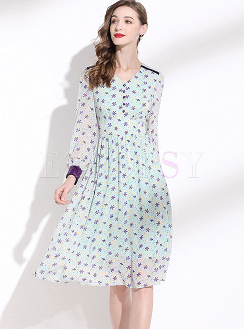 V-neck Long Sleeve Print A Line Chiffon Dress