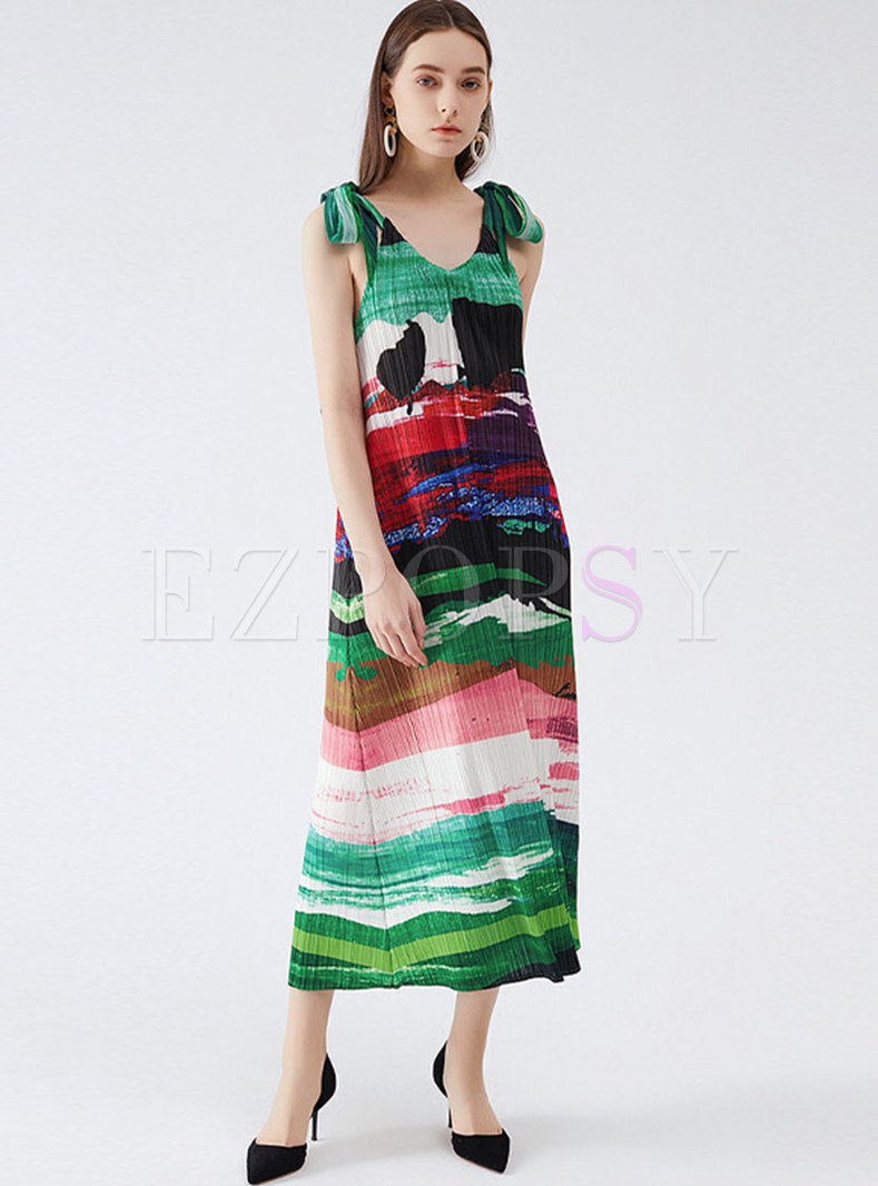 Casual Print Strappy Pleated Shift Dress