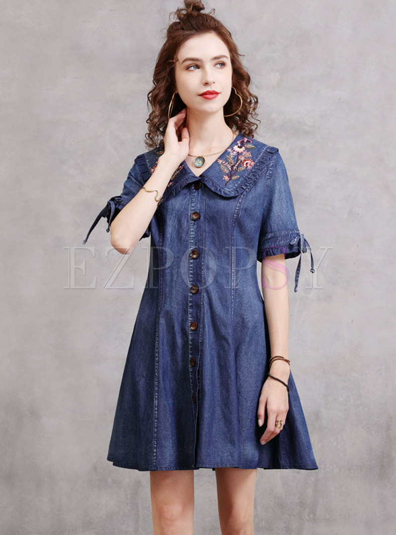Denim Turn-Down Collar Embroidered Mini Dress