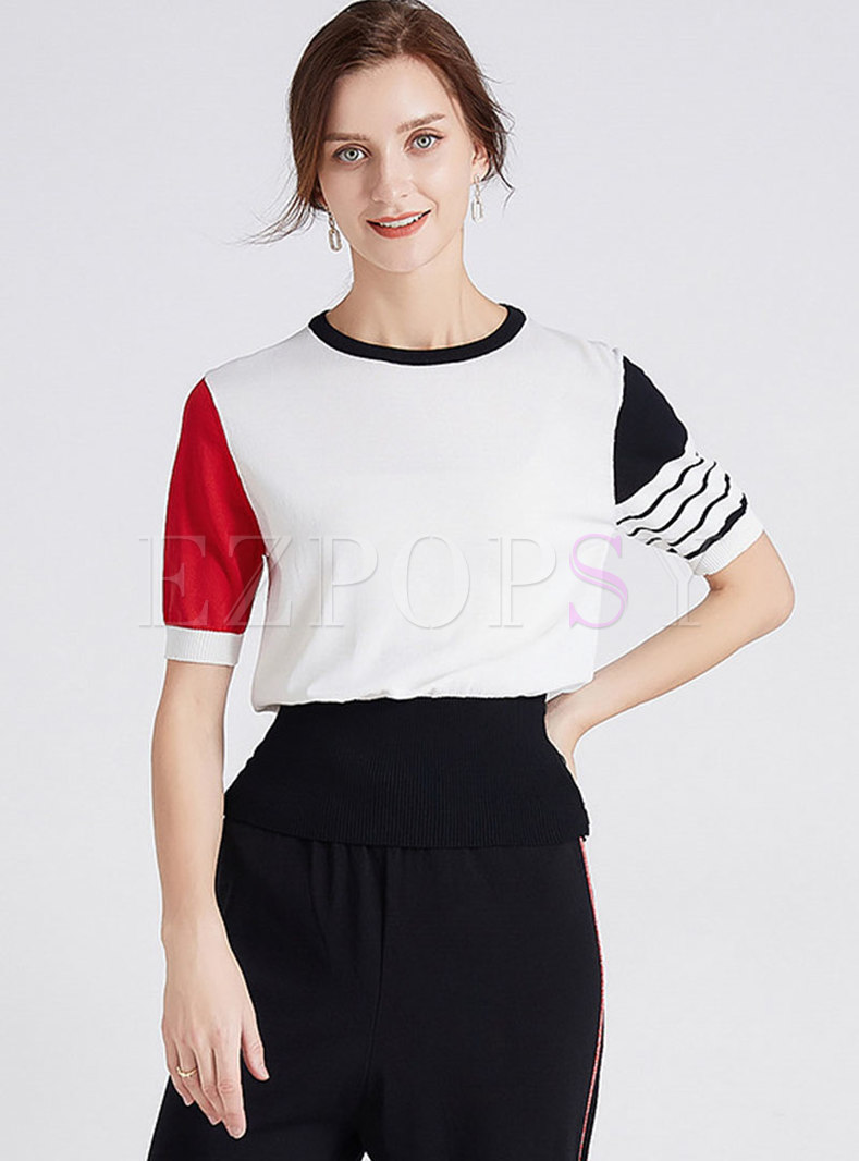 Crew Neck Color-blocked Pullover Knit Top