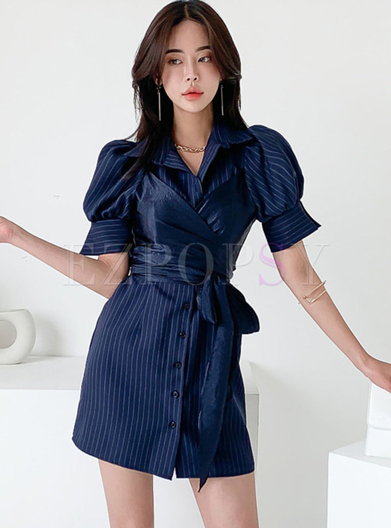 Deep Blue Striped Puff Sleeve Patchwork A-Line Dress