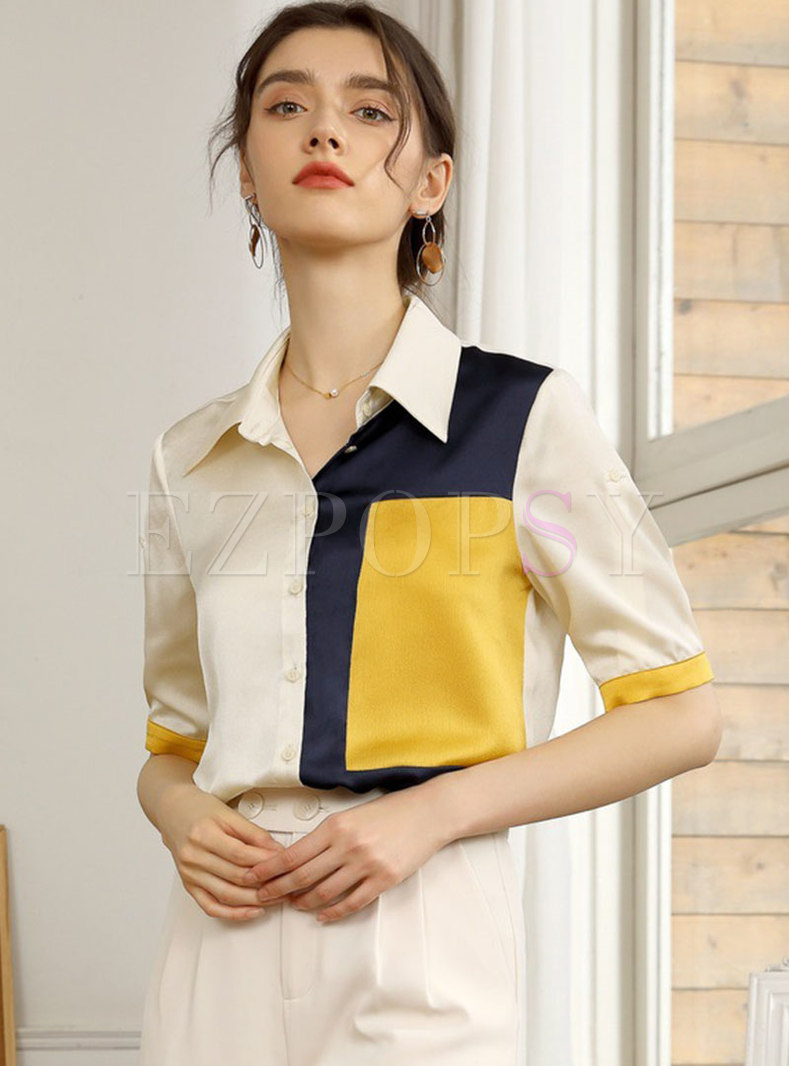 Color Blocked Half Sleeve Button-Front Shirt