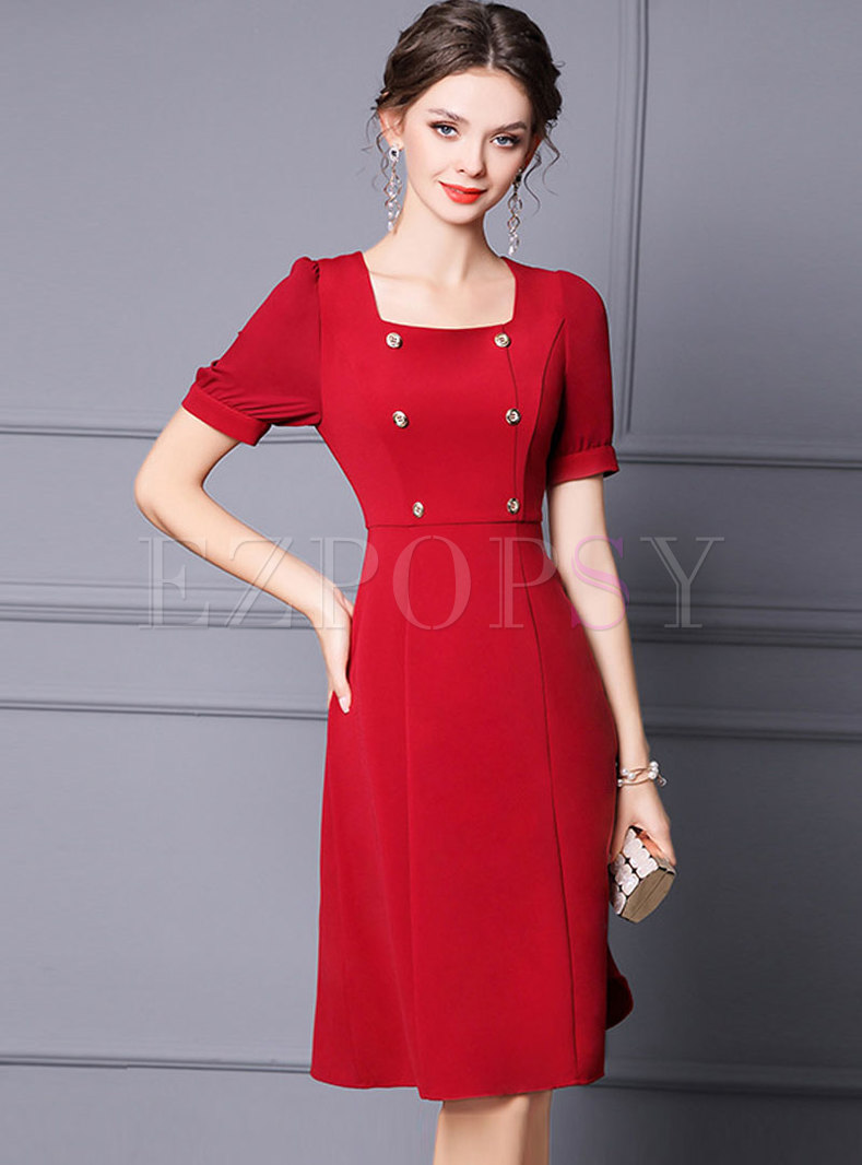 Wine Red Square Neck A Line Cocktail Dress