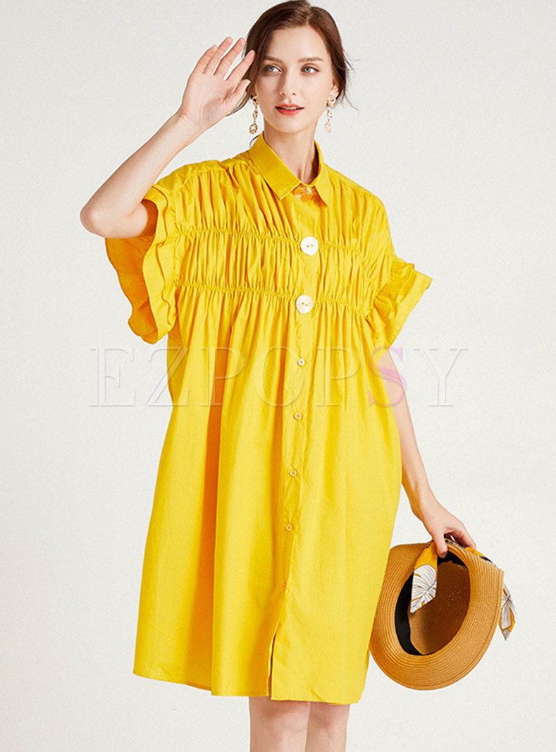 Solid Cap Sleeve Single-Breasted Smocked Shift Dress