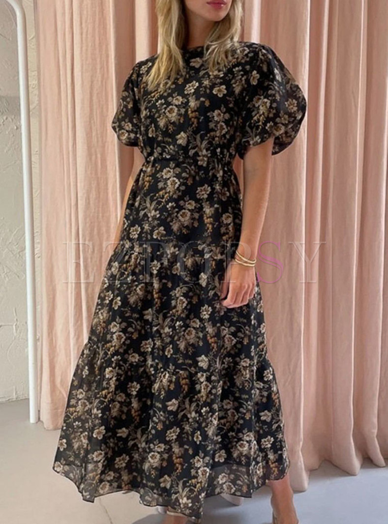 Puff Sleeve Backless Floral A Line Maxi Dress